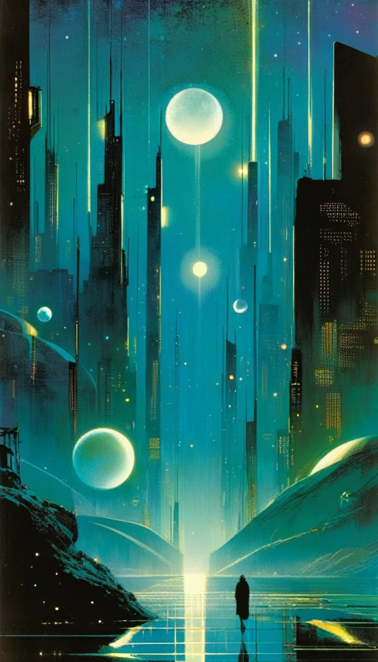 futuristic world, calm, night, moons, stars, art inspired by Bill Sienkiewicz and Dave McKean