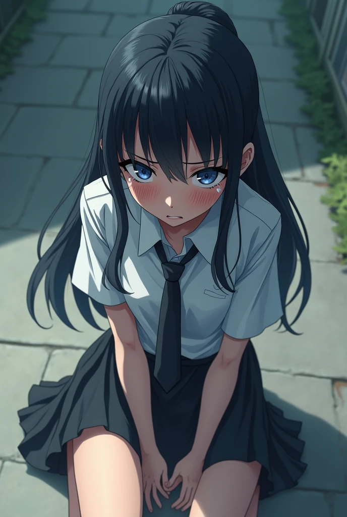a girl with long black hairs and pnotail and bangs with blue eyes. she being bullied and setting on the ground of the school campus . she is wearing school dress. (white shirt and black tie and skirt and crying