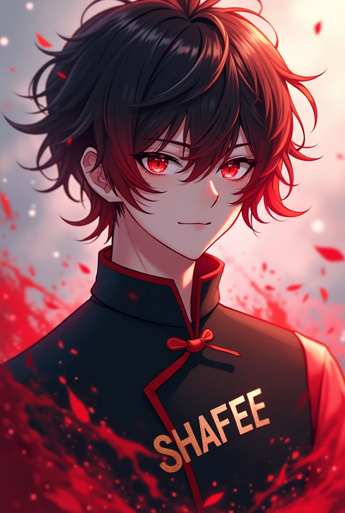 Anime boy black red mixing hair, wearing a Chinese clothes "SHAFEE" written in it
, age 15 , shining red eyes, aura infinity, handsome,