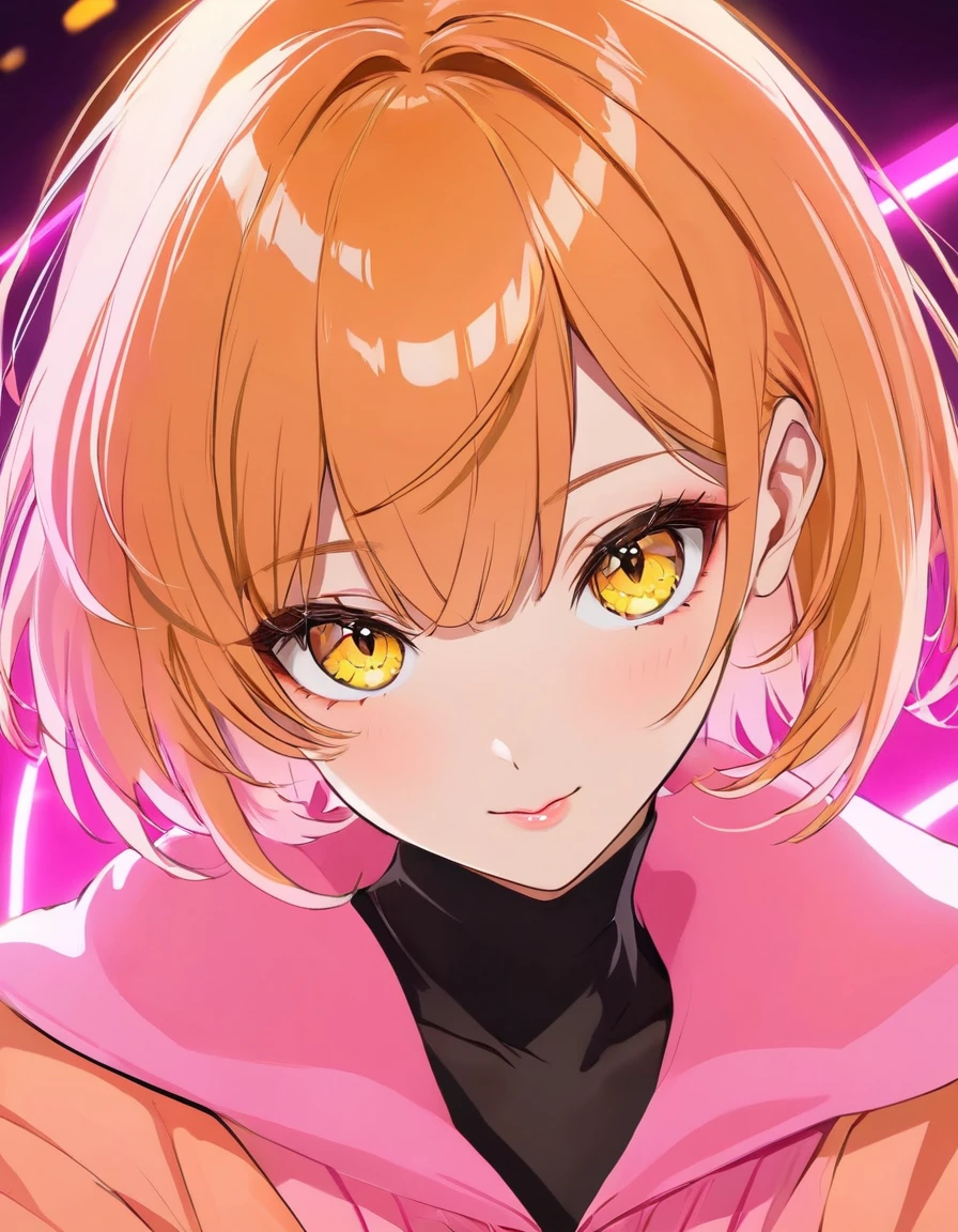 Beautiful adult woman、((Orange short hair))(Yellow Eyes)、(Cute honey in sexy pink outfit)、Face close-up、Neon Background