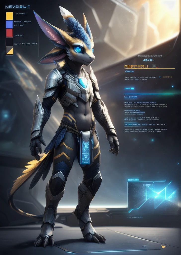 [(by Null-Ghost, by Snowskau, by Spectrumshift, by Wildering)::0.7],
((model sheet, reference sheet, interface, game screen, clear text)),
solo (chibi ((avali) dim yellow black body, feather), sci-fi powered armor, loincloth),
(cyber space, virtual world, metaverse, logo:1.25),
BREAK,
(detailed background, depth of field, shadow, sunlight, ambient light on the body),
masterpiece, best quality, ultra realistic, 4k, 2k, (high detail:1.3),
(3d \(artwork\):1.2), blender \(software\), soft focus,
ray tracing, (unreal engine:1.3), absurd res