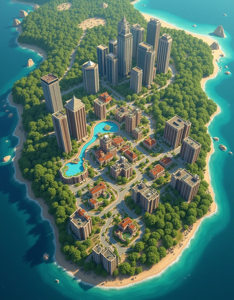 A super large map illustrated of a modern town on an island, forest and a big hotel spa resort
