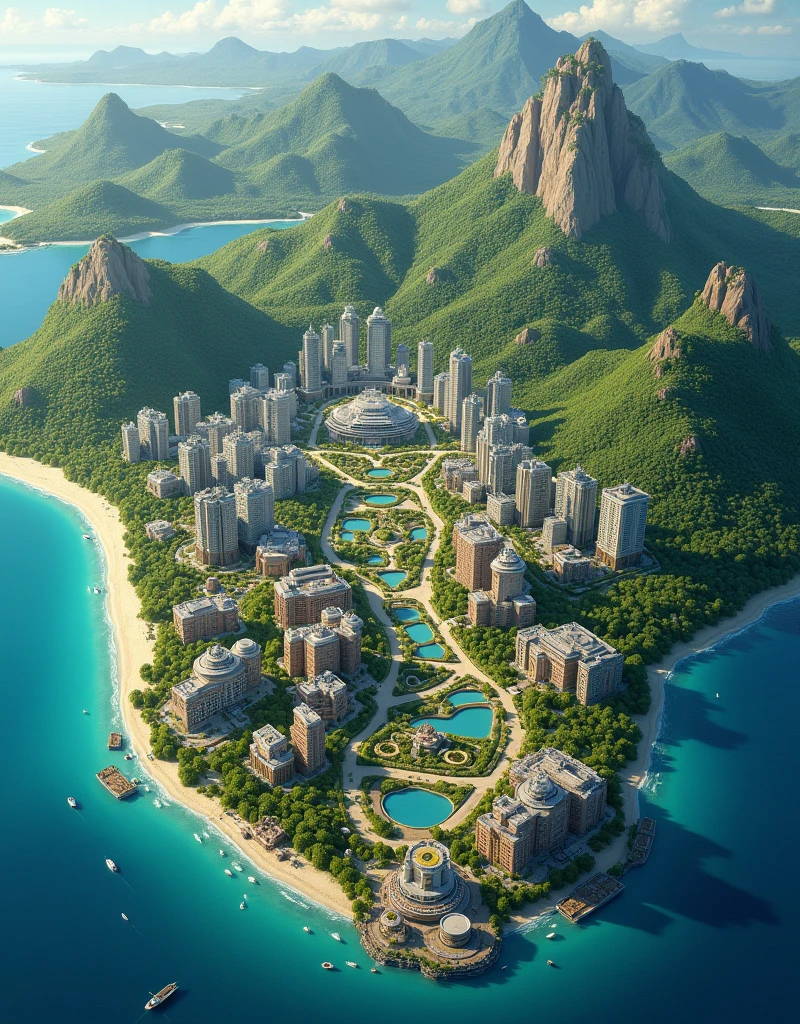 A super large map illustrated of a modern town on an island, forest and a big hotel spa resort