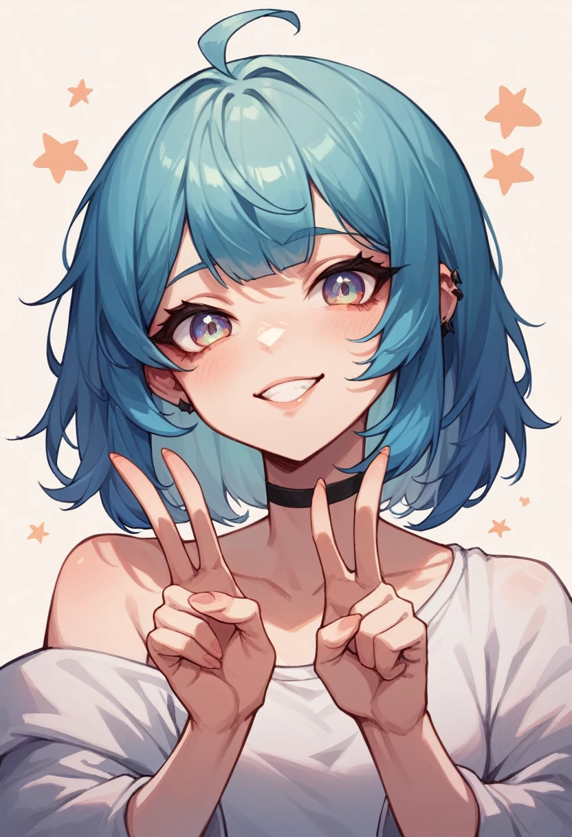  1girl, portrait, abstract, Vtuber, looking at viewer, medium hair, white, peace fingers