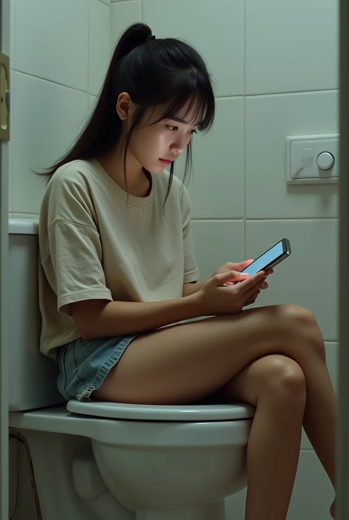 A girl using phone sitting on toilet seat