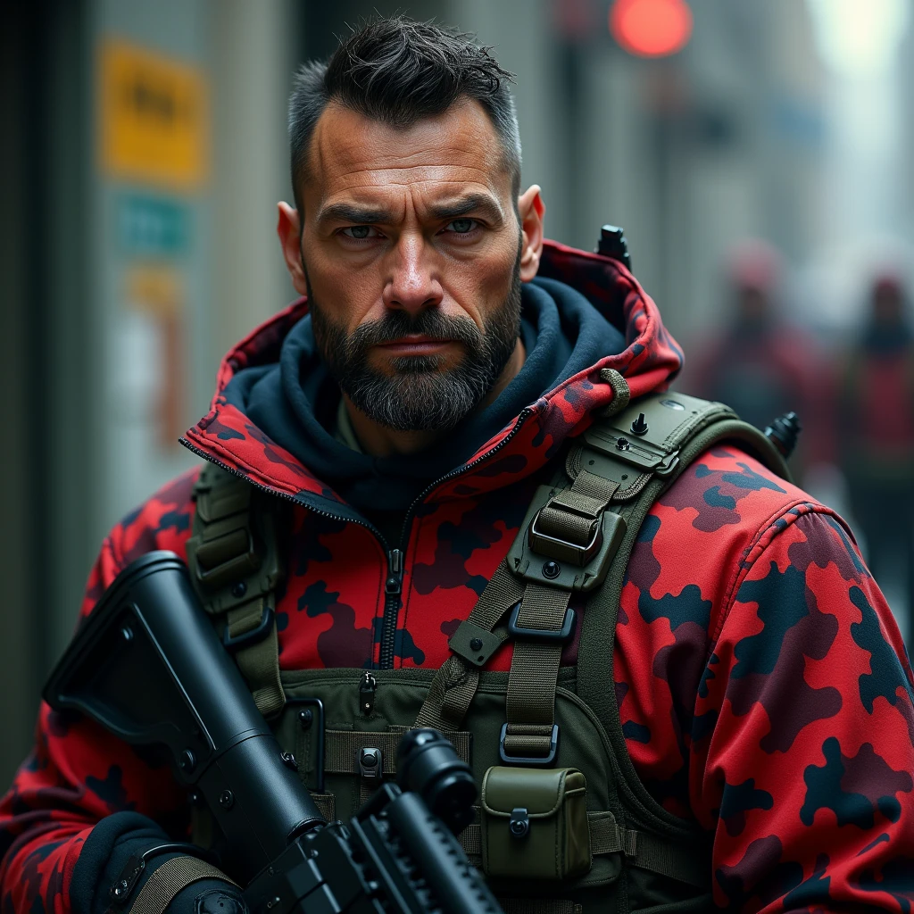 Man, 6'5, Muscular, Military Outfit, red and black camouflage, Black Hair chaotic, dark brown eyes, short beard, chiseled jawline, emotionless