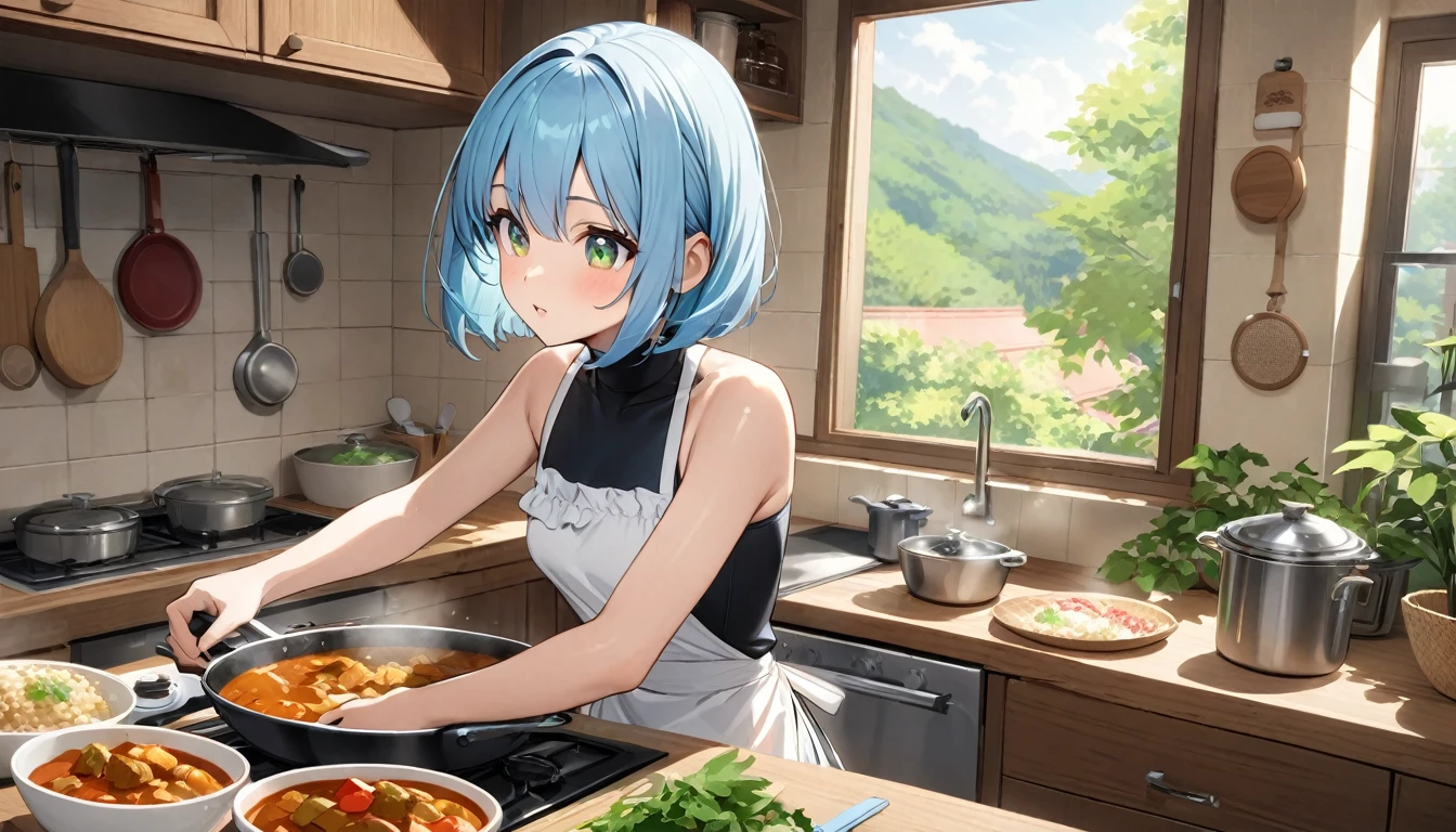 Highest quality、Light blue hair、Short Bob、Deep green eyes、Small breasts,Age 25,High leg swimsuit、apron、Kitchen in the house、Making curry