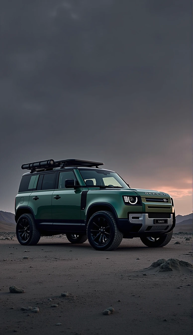 Brand new (land rover (full option (defender 110)) in greenish with (ceramic coating) with (right side semi ladder and left side mounted gear carrier), (stock tyre with minimum ground clearance)), dark violet sky. Gray soil