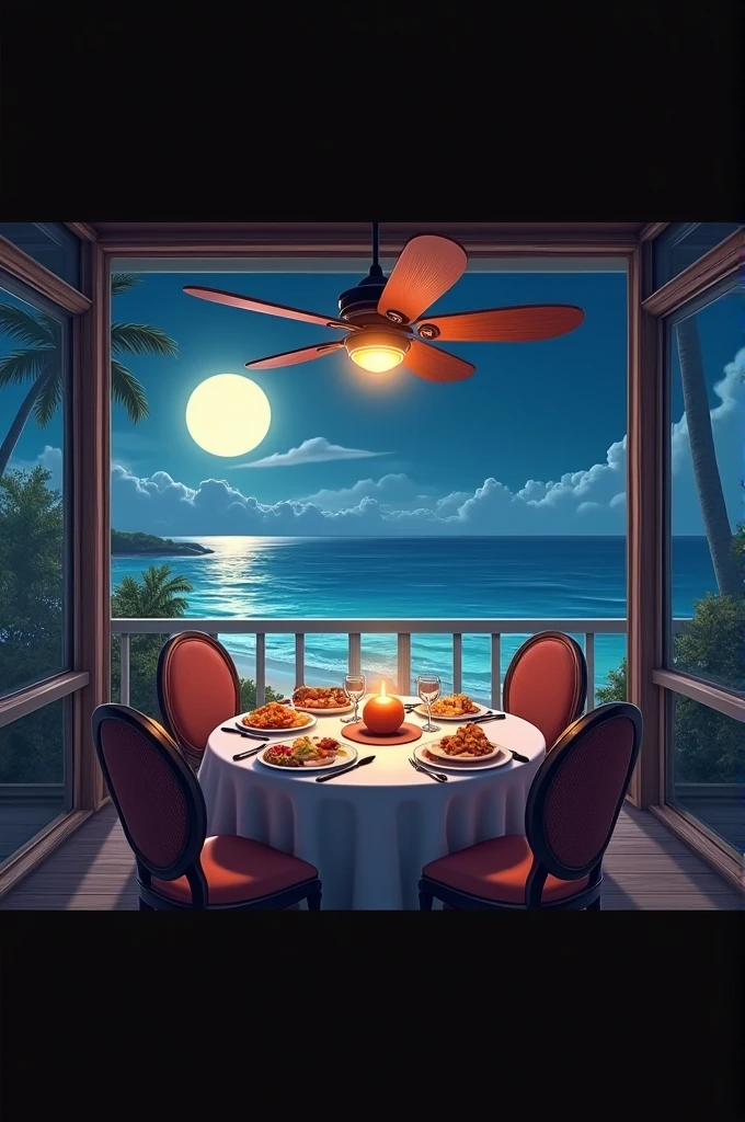 A dining room with fan and food on the table at beachfront night view
