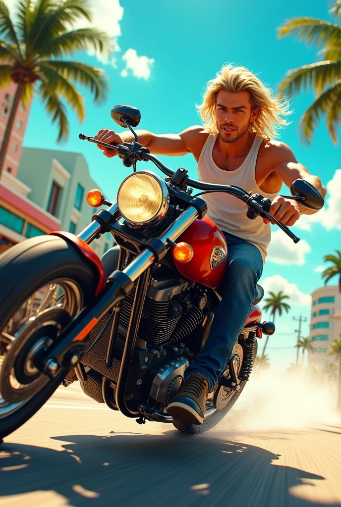 Miami Beach Man in a motorcycle, street raising, front face, medium size hair, blond,