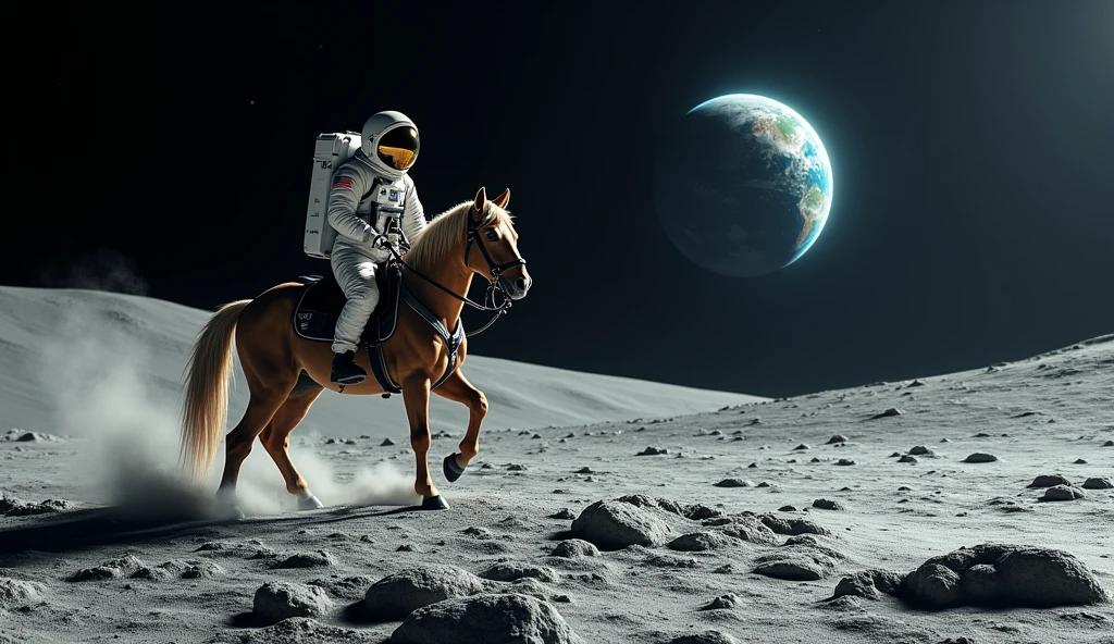 Landed on the moon、Astronaut on a horse。The earth can be seen in the distance。Realistic photos