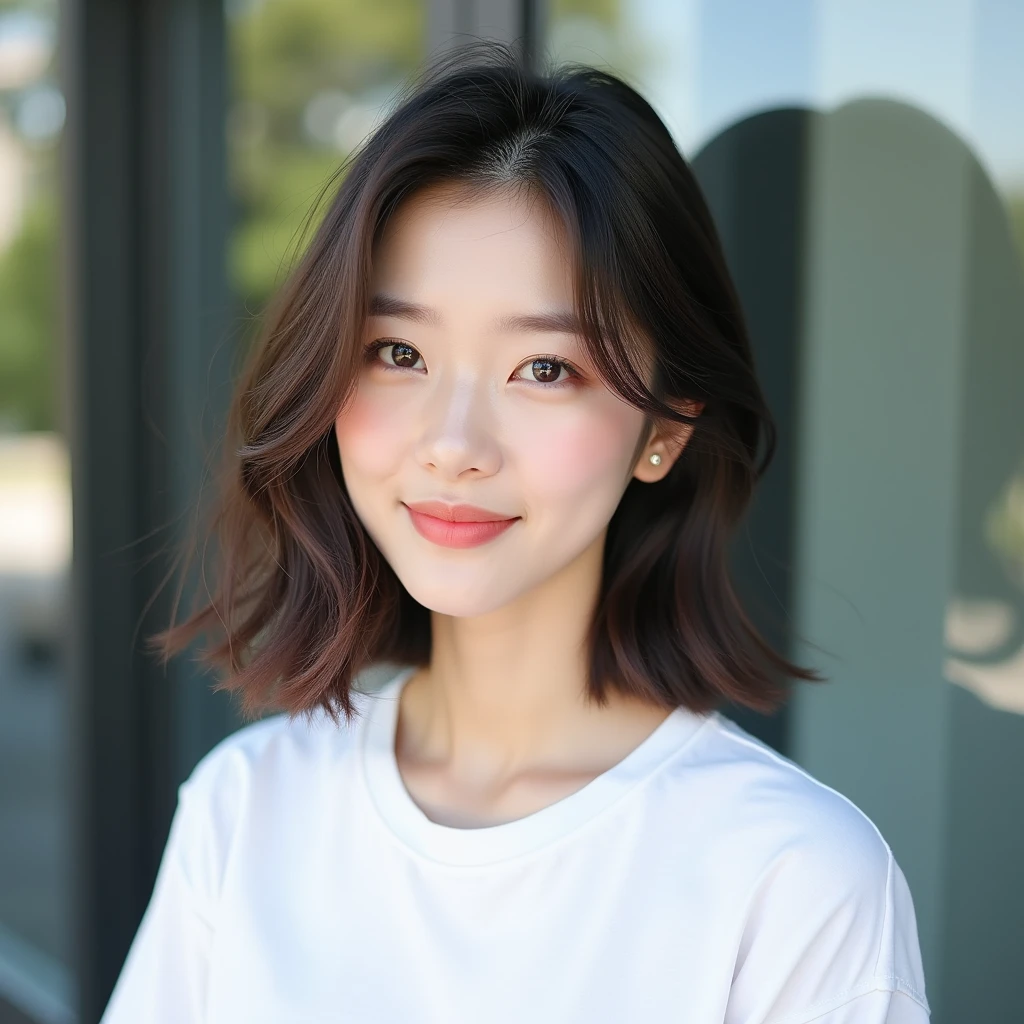 Hairstyles below the collarbone、Medium Hairstyles、Constriction Hairstyles、Layer Hairstyles、Hair style without bangs、Hair style without top parting、Transparent hair color、Natural Makeup、Korean Idol Style Face、White T-shirt、looking at the camera、Natural light、Luxury building background、Light blush、 beautiful、Pale eyebrows
