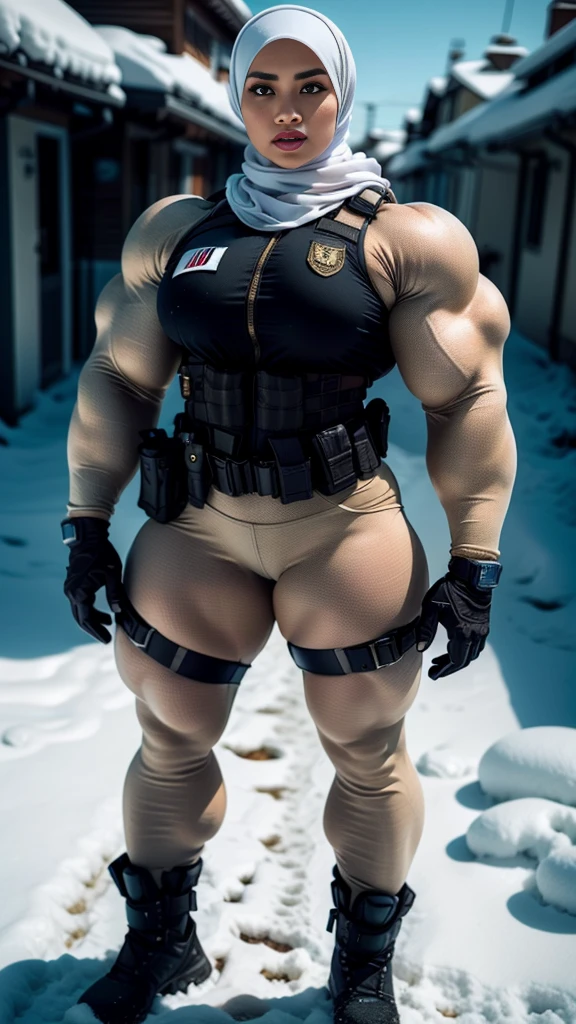 Photorealistic, high resolution, 1 malay woman in hijab, Solo, Hips up, Snow background,view the viewer, (Detailed face), White hijab, SWAT vests, sniper rifle handle, Black military uniform, bulletproof vest, Holding an assault rifle, M16, Inside the city, Very detailed, Perfect face, Black eye, jewelry, (full body view)