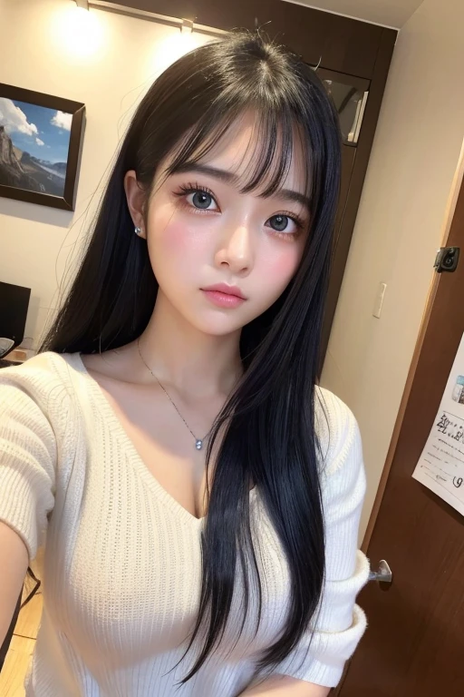 wide, Selfie, (Highest quality、8hair、masterpiece:1.2) big , Realistic、masterpiece, Highest quality, shape, Very detailed, Finer details, High resolution, 8k,wallpaper, Perfect dynamic composition,(High quality with attention to detail, Realistic depiction of eyes:1.3), So cute、The background is my room、White knit, valley、Long Hair, Black hair color, Huge breasts, Big Natural Color Lip, Crying a little、Cold Stare, Harajuku Style、20-year-old girl