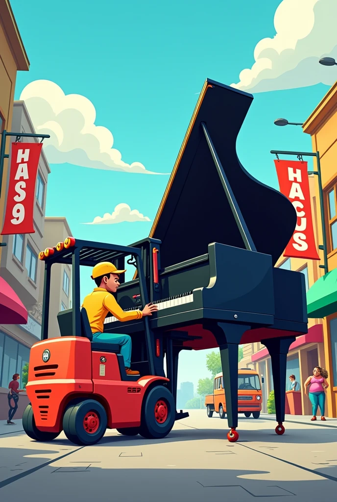 cartoon, forklift transporting black grand piano
