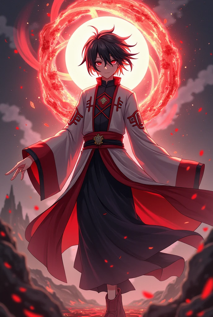 Anime boy black red mixing hair, wearing a Chinese clothes "SHAFEE" written in it , myth
, age 15 , shining red eyes, aura infinity,👌