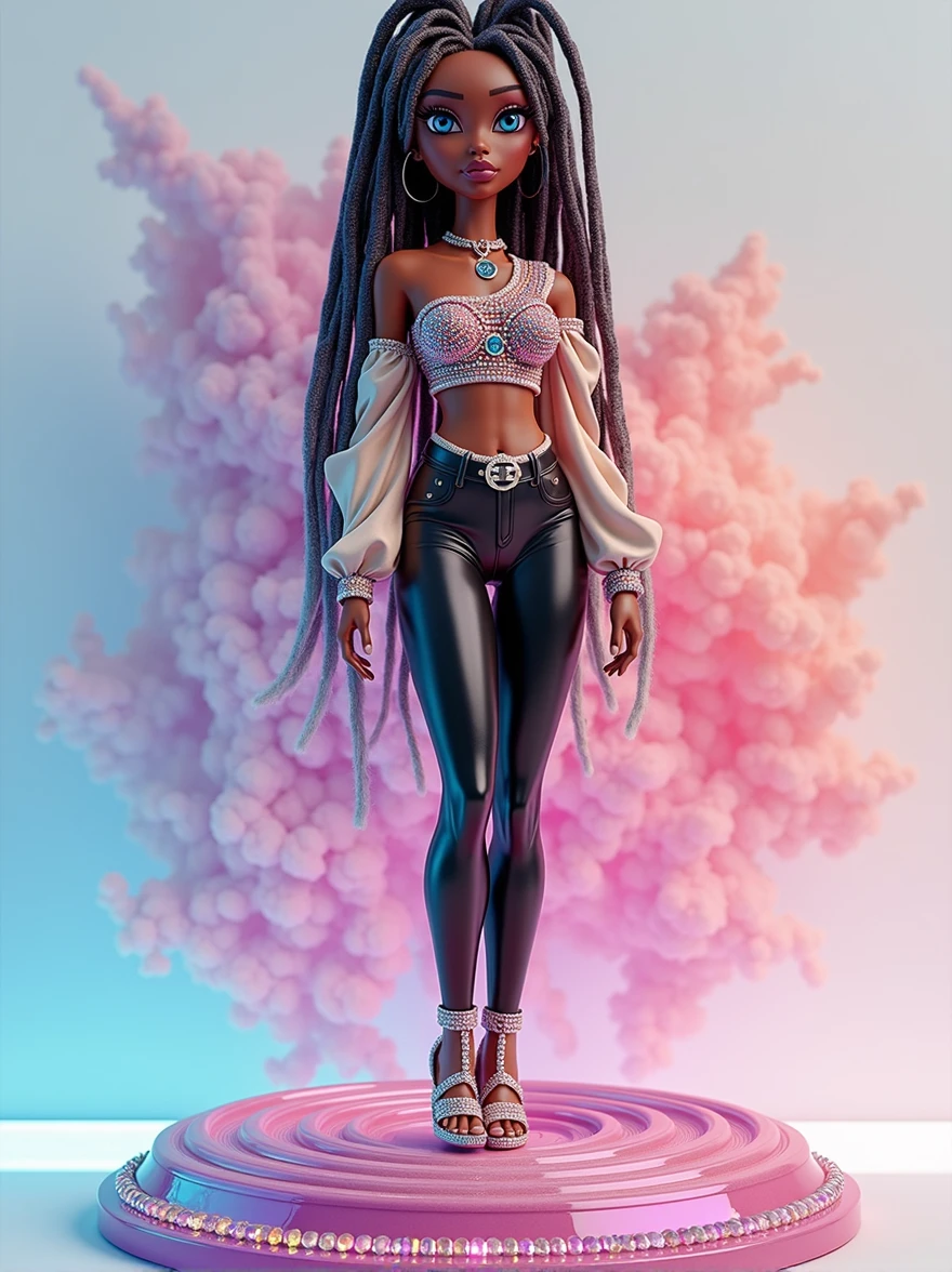 /imagine prompt:A hyper-realistic rendering of a real-life woman inspired by a Bratz doll with medium tan skin, a peach undertone, and crystal blue almond-shaped eyes, looking directly at the viewer with glamorous makeup. She has long multicolored micro dreadlocks and is wearing a one-sleeve tunic top encrusted with pastel diamonds and black faux leather leggings. She stands confidently on a large swirled pastel gem emitting a soft glow. The background is a simple watercolor splash that blends with the rendering, featuring vibrant colors and sparkles. Reflections of the gem are visible on her skin. Created using 4k resolution, cinematic lighting, photorealistic textures, intricate detailing, and high contrast,