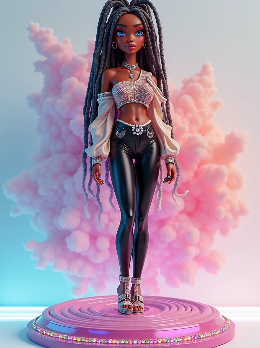 /imagine prompt:A hyper-realistic rendering of a real-life woman inspired by a Bratz doll with medium tan skin, a peach undertone, and crystal blue almond-shaped eyes, looking directly at the viewer with glamorous makeup. She has long multicolored micro dreadlocks and is wearing a one-sleeve tunic top encrusted with pastel diamonds and black faux leather leggings. She stands confidently on a large swirled pastel gem emitting a soft glow. The background is a simple watercolor splash that blends with the rendering, featuring vibrant colors and sparkles. Reflections of the gem are visible on her skin. Created using 4k resolution, cinematic lighting, photorealistic textures, intricate detailing, and high contrast,