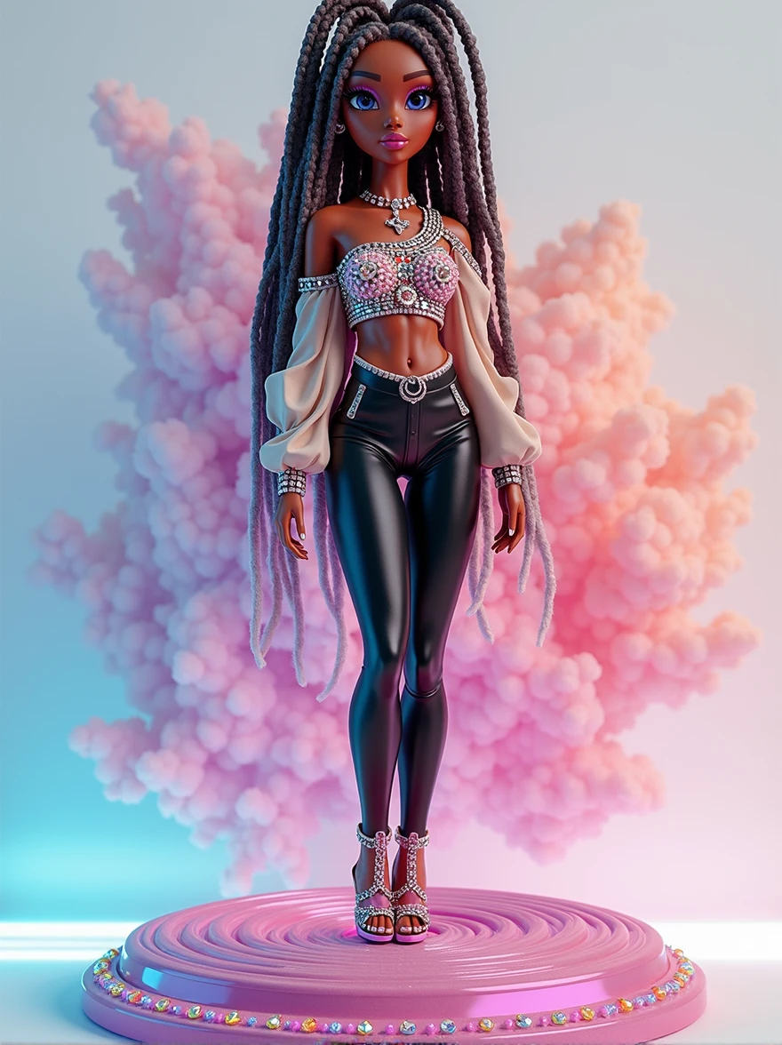 /imagine prompt:A hyper-realistic rendering of a real-life woman inspired by a Bratz doll with medium tan skin, a peach undertone, and crystal blue almond-shaped eyes, looking directly at the viewer with glamorous makeup. She has long multicolored micro dreadlocks and is wearing a one-sleeve tunic top encrusted with pastel diamonds and black faux leather leggings. She stands confidently on a large swirled pastel gem emitting a soft glow. The background is a simple watercolor splash that blends with the rendering, featuring vibrant colors and sparkles. Reflections of the gem are visible on her skin. Created using 4k resolution, cinematic lighting, photorealistic textures, intricate detailing, and high contrast,