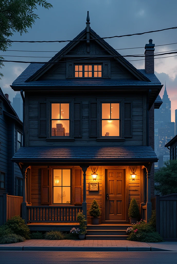 A wooden 2 Floors House, Night Time, in city Street