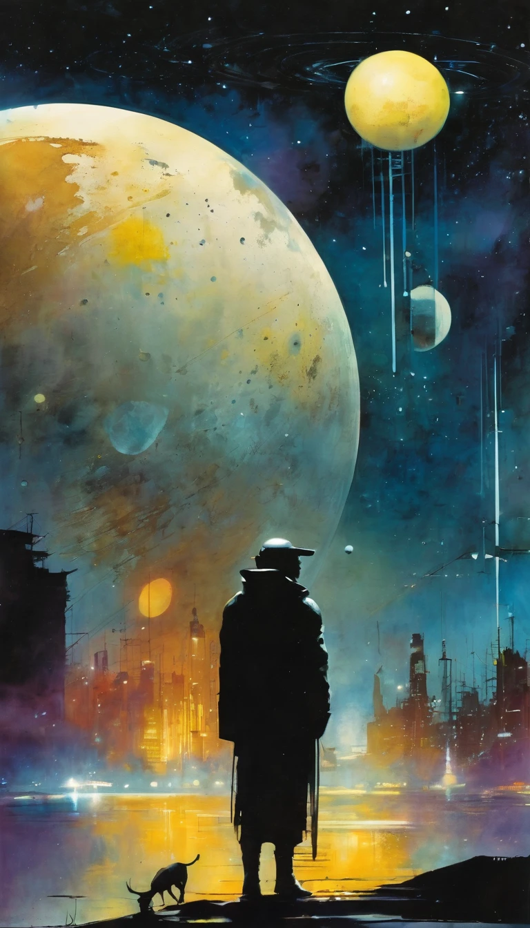 futuristic world, calm, night, moons, stars, art inspired by Bill Sienkiewicz and Dave McKean