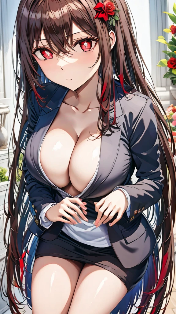 Red Eyes, flower-shaped pupils,, long brown hair