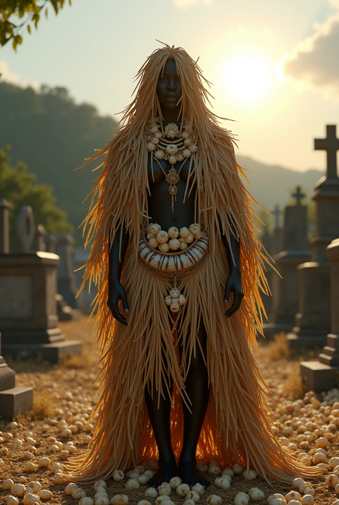 Create an image of the orixa Obaluaiê in the cemetery, covered in straw from the coast covering face and body, and popcorn and shells decorating .
Bright sun in the background and real popcorn on the floor.