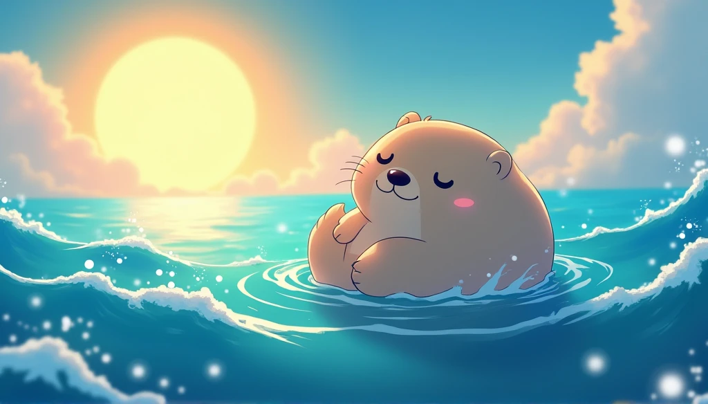 Sea otter floating in the ocean,anime,sun