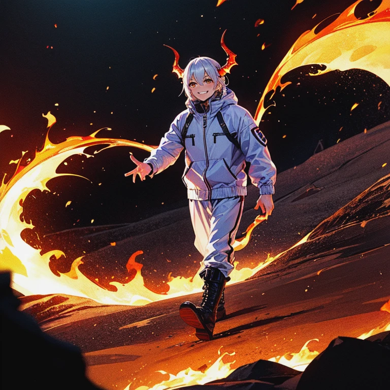 Muscular man, One, White windbreaker, white long pants, White hair, black strands of hair, A man of Japanese appearance, Dragon horns, Purple military boots, evil smile, Dark brown eyes, Fantastic landscapes, walking through the flames of darkness.
