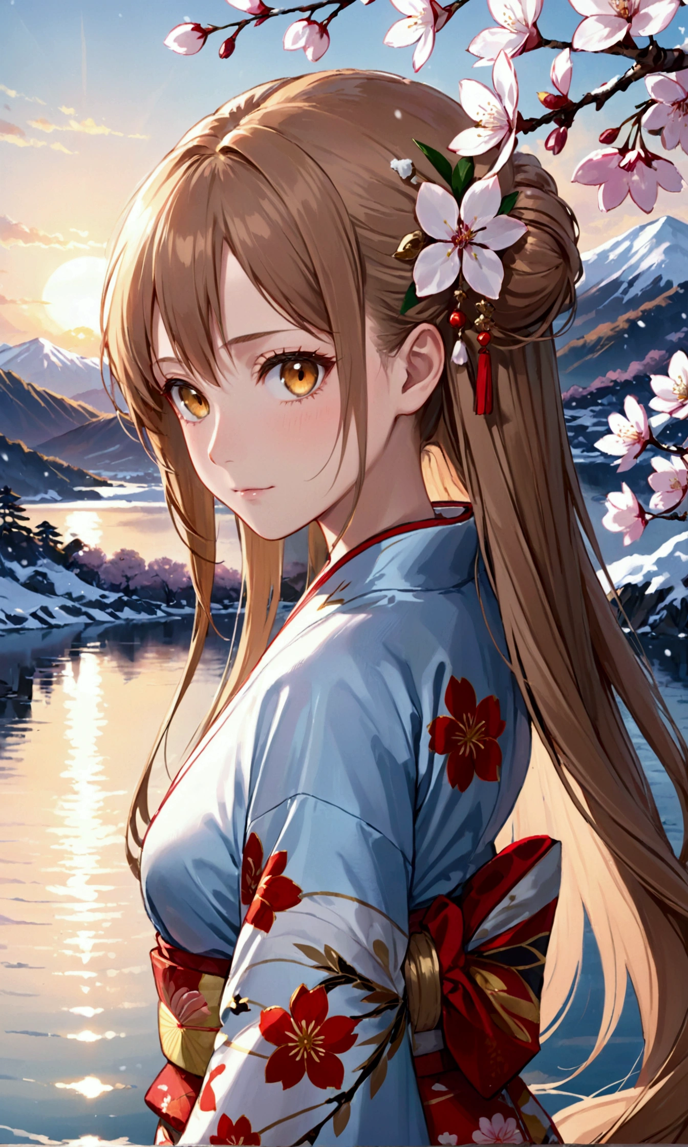 a detailed portrait of a girl named asuna, masterpiece, best quality, extremely detailed, (1 girl), alone, detailed golden eyes, long hair, static, close-up, (detailed kimono), faint smile, medium breasts, (hands behind back), water, sunset, (hair ornaments), (blooming cherry blossoms), snow-capped mountains and lake in the background