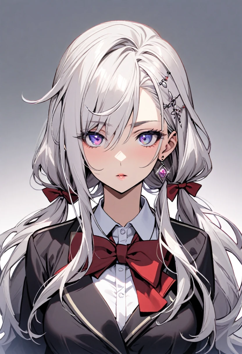 girl, mature, white hair, diamond earings, long hair, low twin tails, red bow on hair, two color eyes, one blue eye, one purple eye, adult. front face, mature