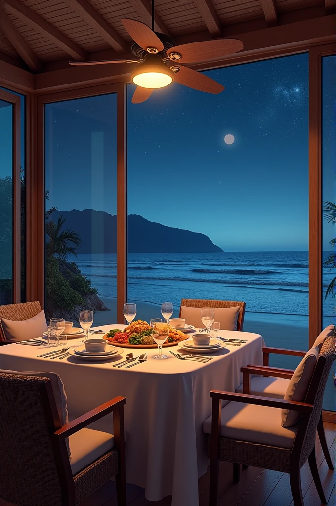 A realistic dining room with fan and food on the table at beachfront night view