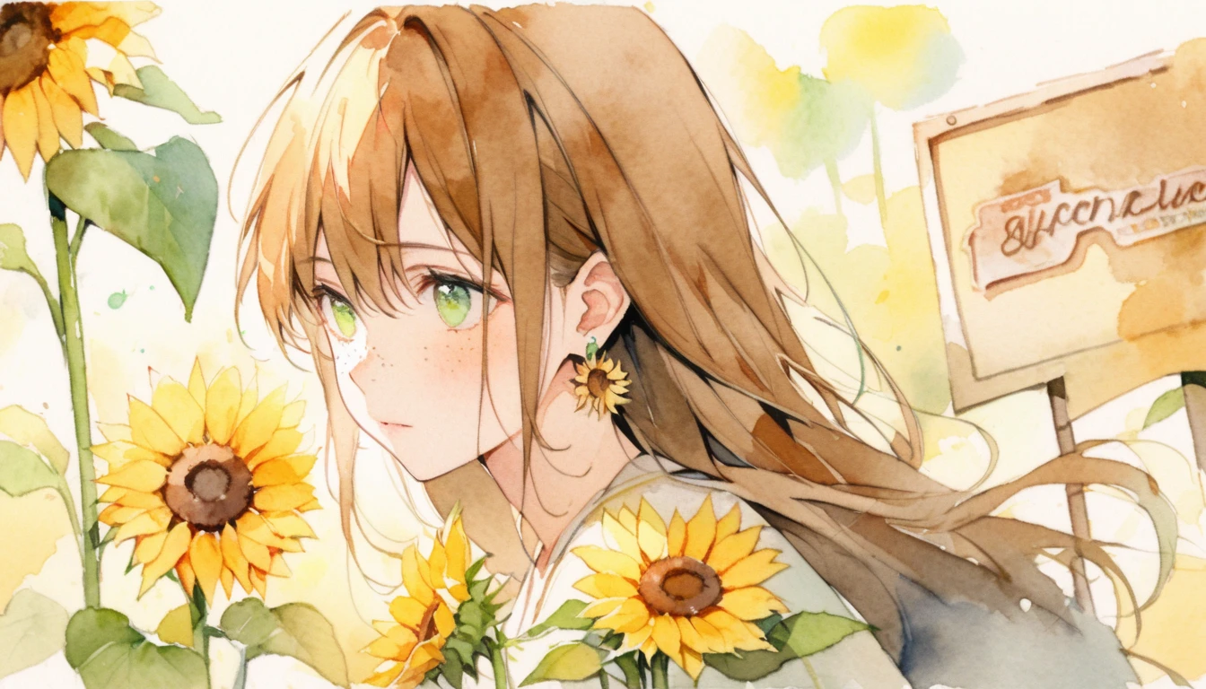 (watercolor:1.2),One person, alone, flower, sunflower,freckles, Portraiture, leaf, bangs, sign, yellow flower, Brown Hair, Long Hair, Green Eyes, Hair between the eyes, flower earrings
