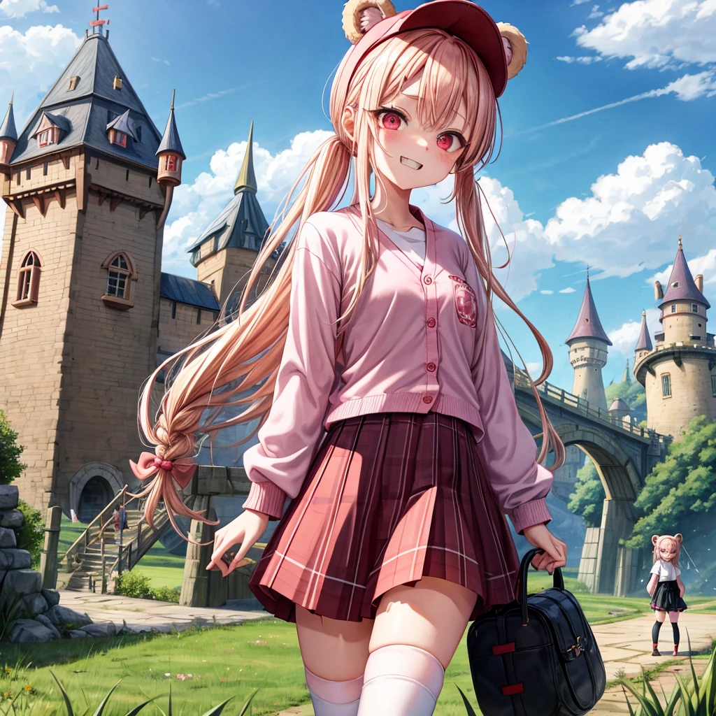 Pink Blonde、Red eyes、Hair tied up、Two cute、Checked mini skirt、black t-shirts、cardigan、Knee-high socks、bear ears baseball cap、Teeth are visible、Monster Castle、Tilting face、crossing the bridge、hazakura、windmill、grass、Stones are growing out of the ground.、impregnable