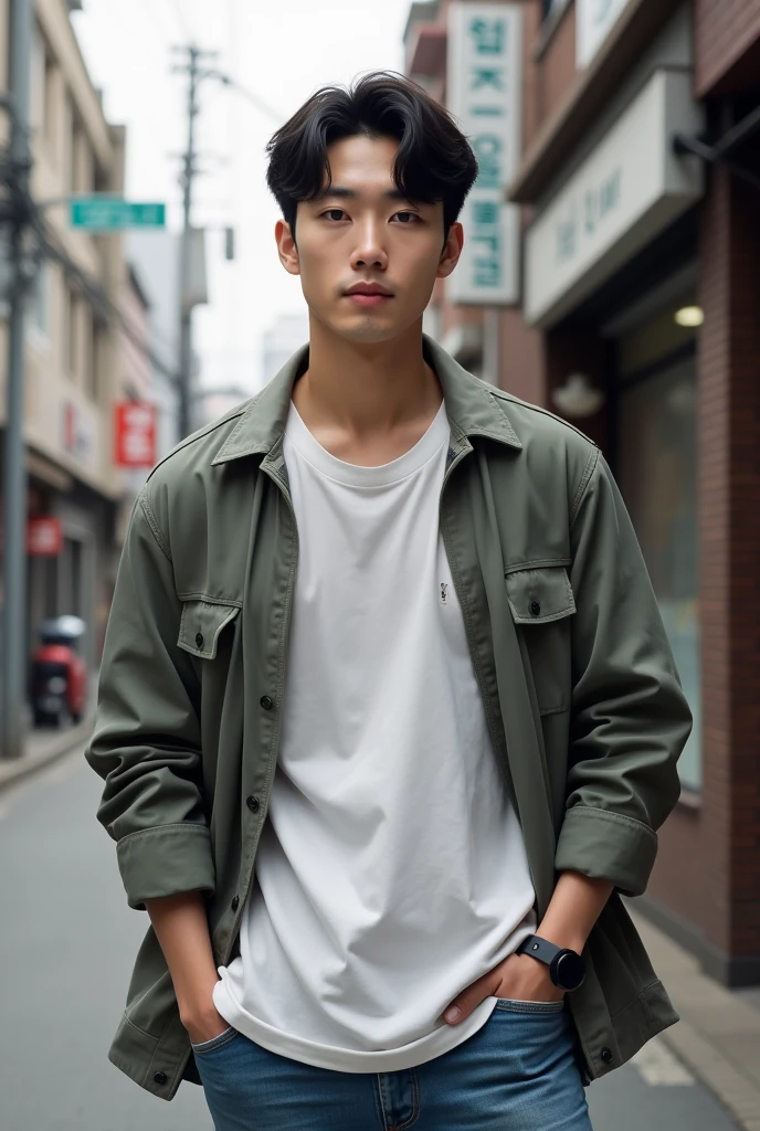 A Korean man standing in a street white shirt jeans pant and jacket, very Short hair, 1 inch hair, few hairs flowing on forehead creating a C shape cuve on both sides 