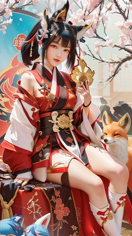 girl with a fan and a fox, onmyoji detailed art, onmyoji, goddess, keqing from genshin impact, zhongli from genshin impact, inspired by Ju Lian, genshin, onmyoji portrait, fantasy illustration, full body xianxia, inspired by Lan Ying, ayaka genshin impact, nezha