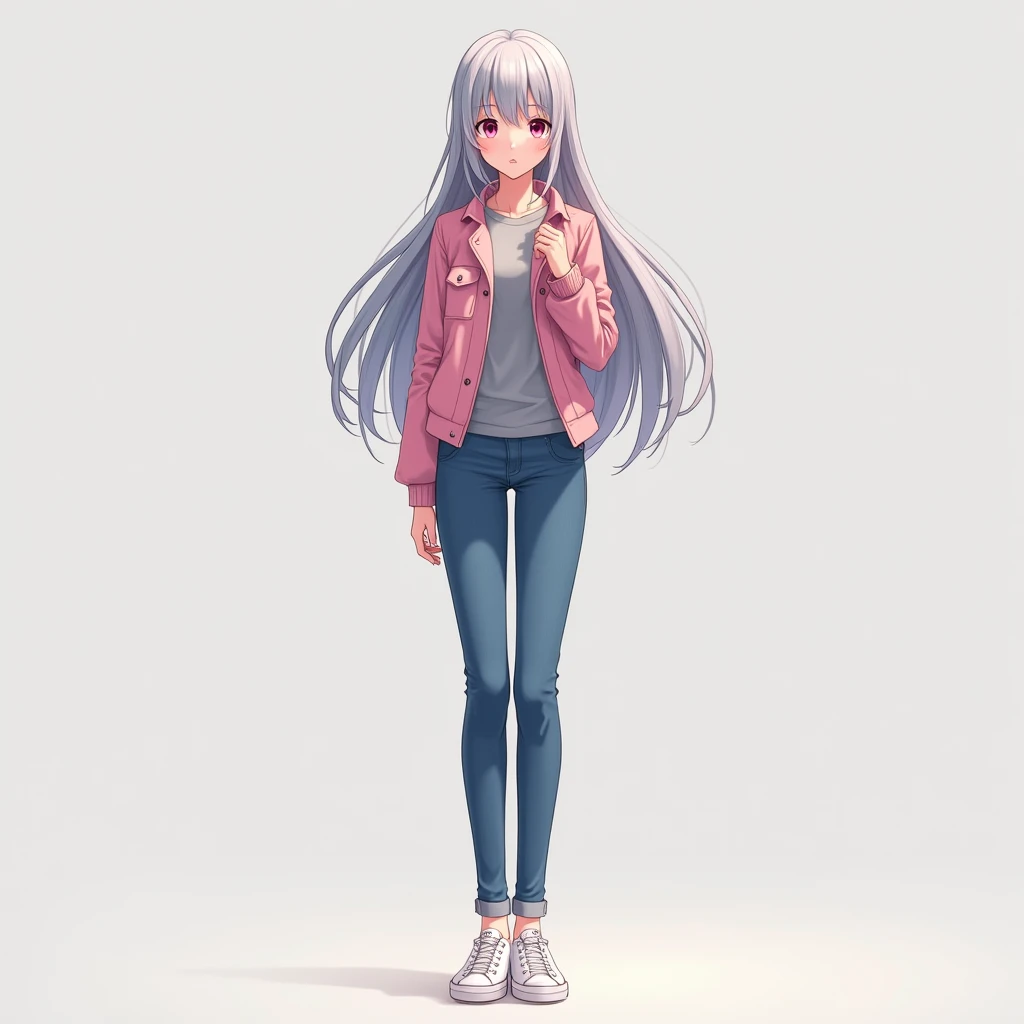 Girl, anime, Height: 5'10
Hair color: Grey
Eye color: Dark Pink
Clothes: Pink Jacket, grey shirt, blue jeans, white converse shoes