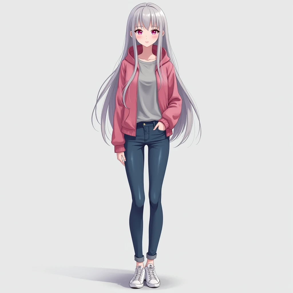 Girl, anime, Height: 5'10
Hair color: Grey
Eye color: Dark Pink
Clothes: Pink Jacket, grey shirt, blue jeans, white converse shoes