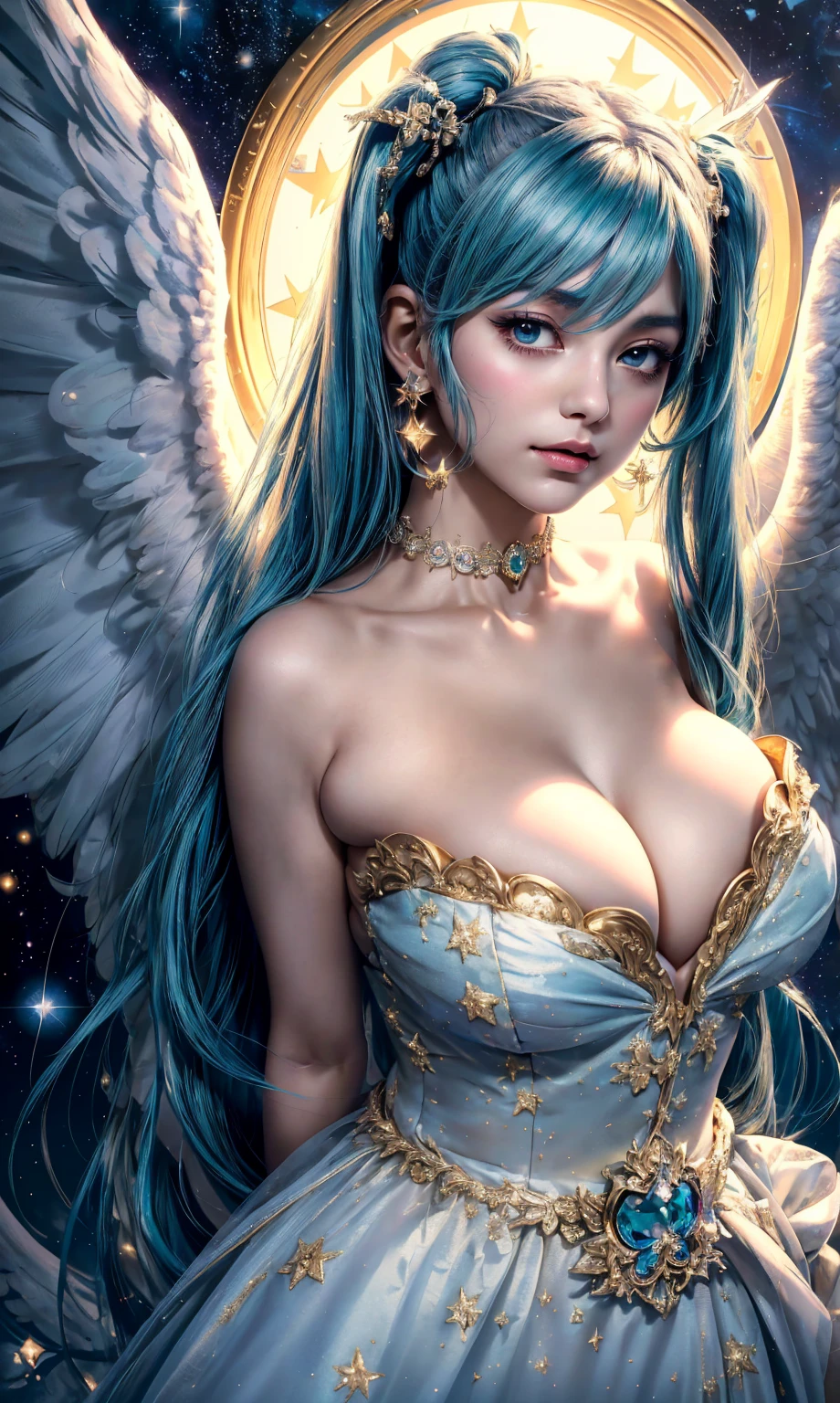 masterpiece, 28 year old woman, best quality, hatsune miku, white gown, angel, angel wings, golden halo, dark background, upper body, (closed mouth:1.2), looking at viewer, arms behind back, blue theme, stars, starry night, cleavage bulge