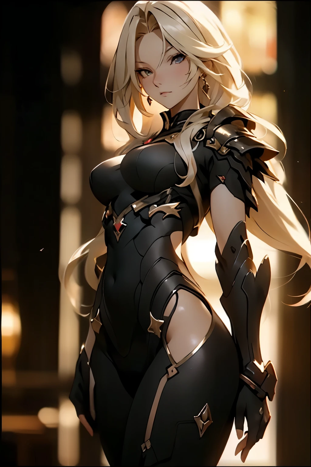 ((best quality)), ((Masterpiece)), (details:1.4), 3d, HDR (high dynamic range), amature woman, SLEEK Style, Blonde hair, Red eyes, hips up จมูกโด่ง, ปากแดง, หน้าอกใหญ่, nvidia RTX, PBR surface, After processing, Anisotropic filtration,depth of field, Maximum clarity and clarity, multi-layered surface, Subsurface scattering, perfect proportions, 8K raw files, ความละเอียดสุดยอด, Unreal 5, Perfect proportions, Octane Render, Two-tone lighting, Wide aperture, High ISO, รายละเอียดดวงตา, Holy Knight, Heavy Black armor, jewely, ต่างหู