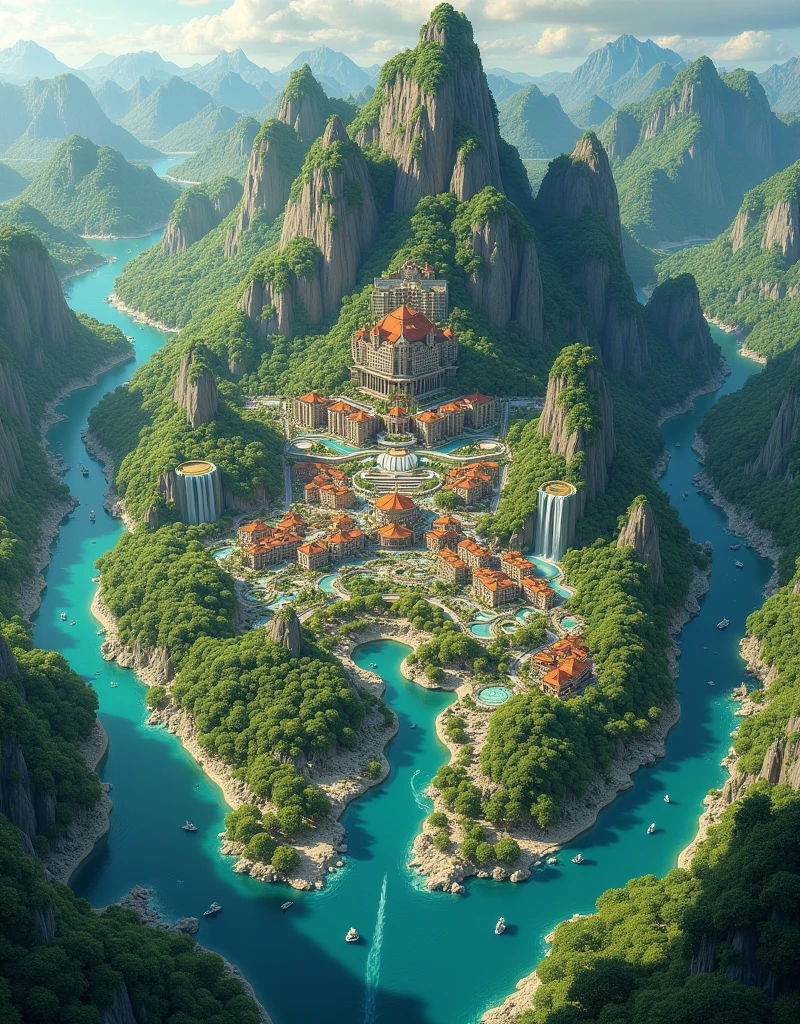 A super large map illustrated of a town on an island, forest and a hotel spa resort, multiple rivers and falls