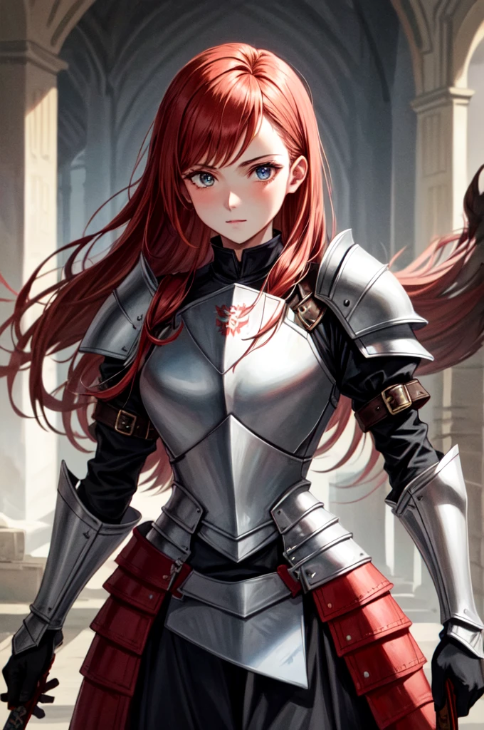 Redhead warrior, detailed, 1 girl, beautiful, 8k, artwork, ultra realistic, medieval fantasy, armor, steel breastplate, steel gauntlets, steel boots, red skirt, miniskirt, ((crouch)), open legs, panties, panties appearing, white panties, upskirt, cameltoe, nsfw, pantyshot
