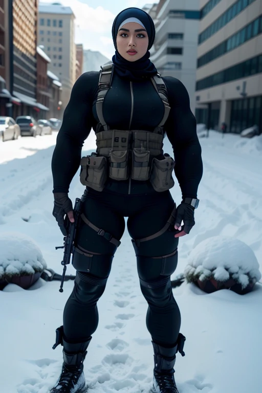 Photorealistic, high resolution, 1 malay woman in hijab, Solo, Hips up, Snow background，view the viewer, (Detailed face), White hijab, SWAT vests, sniper rifle handle, Black military uniform, bulletproof vest, Holding an assault rifle, M16, Inside the city, Very detailed, Perfect face, Black eye, jewelry, (full body view)