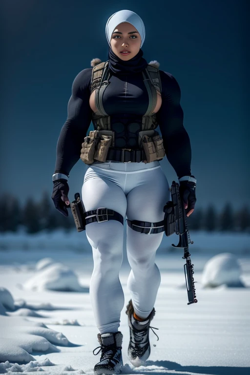 Photorealistic, high resolution, 1 malay woman in hijab, Solo, Hips up, Snow background，view the viewer, (Detailed face), White hijab, SWAT vests, sniper rifle handle, Black military uniform, bulletproof vest, Holding an assault rifle, M16, Inside the city, Very detailed, Perfect face, Black eye, jewelry, (full body view)