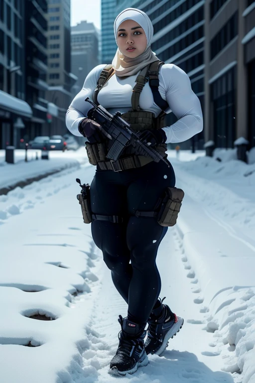 Photorealistic, high resolution, 1 malay woman in hijab, Solo, Hips up, Snow background,view the viewer, (Detailed face), White hijab, SWAT vests, sniper rifle handle, Black military uniform, bulletproof vest, Holding an assault rifle, M16, Inside the city, Very detailed, Perfect face, Black eye, jewelry, (full body view)
