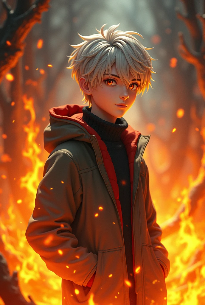 high detail, Clarity, 8 cc, young guy, 18 years, light gray hair, short haircut, yellow eyes, I am standing in fire, Realism, Fantasy,