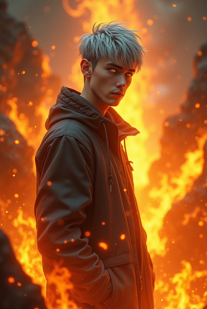 high detail, Clarity, 8 cc, young guy, 18 years, light gray hair, short haircut, yellow eyes, I am standing in fire, Realism, Fantasy,