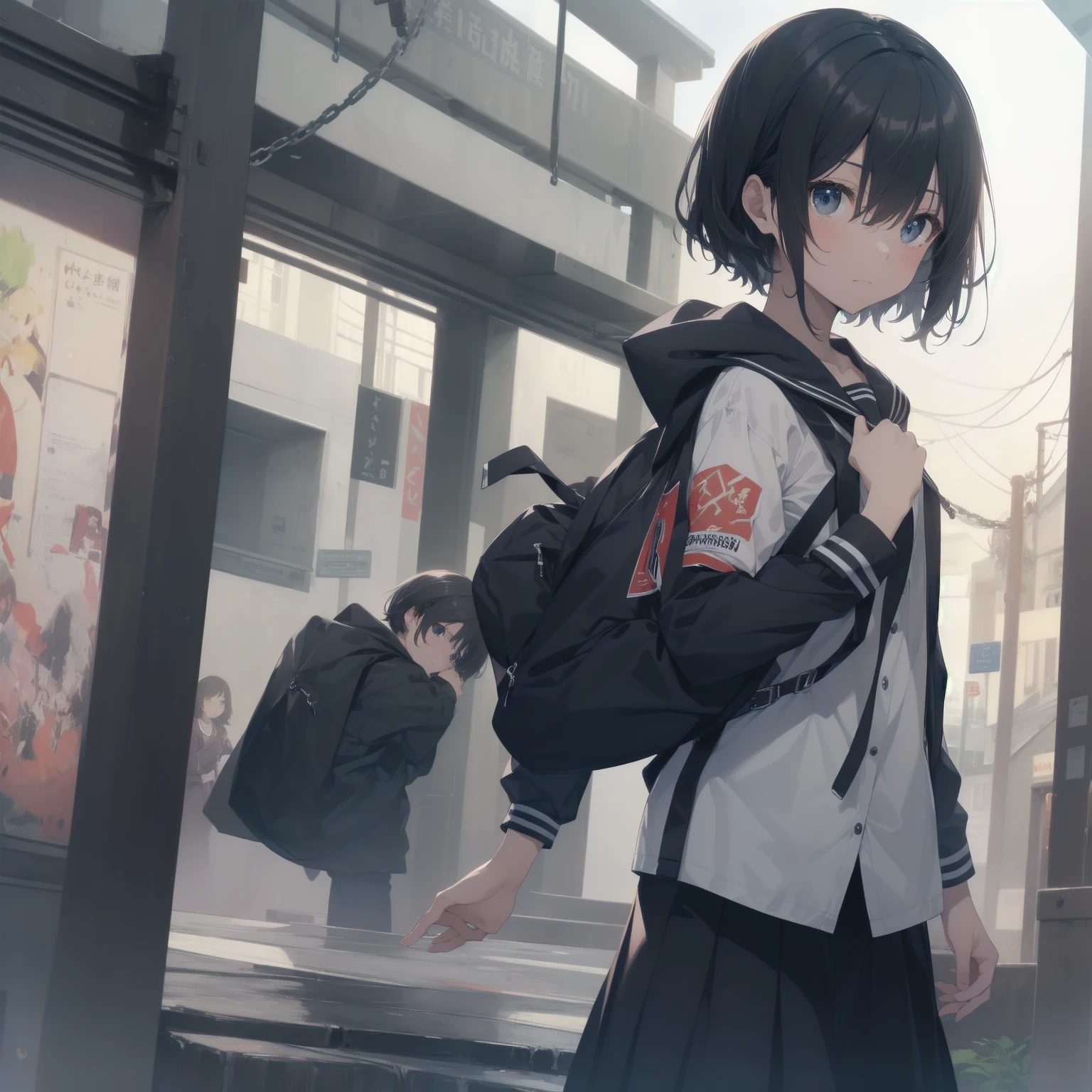 ultra-absurdres-Top quality by artist God, ultra-detailed, high resolution, anime moe artstyle, best anime 8k konachan wallpaper, pixiv contest winner, pool:2810, perfect anatomy,break, 1girl, (Please draw a girl walking sleepily to school alone. )break,(Solo,little female, 13-year-old:1.3),Full limbs, complete fingers,a junior high school student, (very short hair), short cut, flat chest, , small butt, small black eyes, beautiful detailed eyes, well-proportioned iris and pupils, expressive eyes, highres detailed hair, soft expression, salor school_uniform, sailor collar, serahuku, bow, pleated skirt,(Detailed Lighting), (Detailed background), in the School commute route. break,super detailed skin, Best cinematic lighting powered by famous artist, 8k,beauty illustration,photoshop_(medium),very aesthetic,break,((artist:izumi_tsubasu )), artist:clamp ,artist:carnelian ,artist:kantoku ,