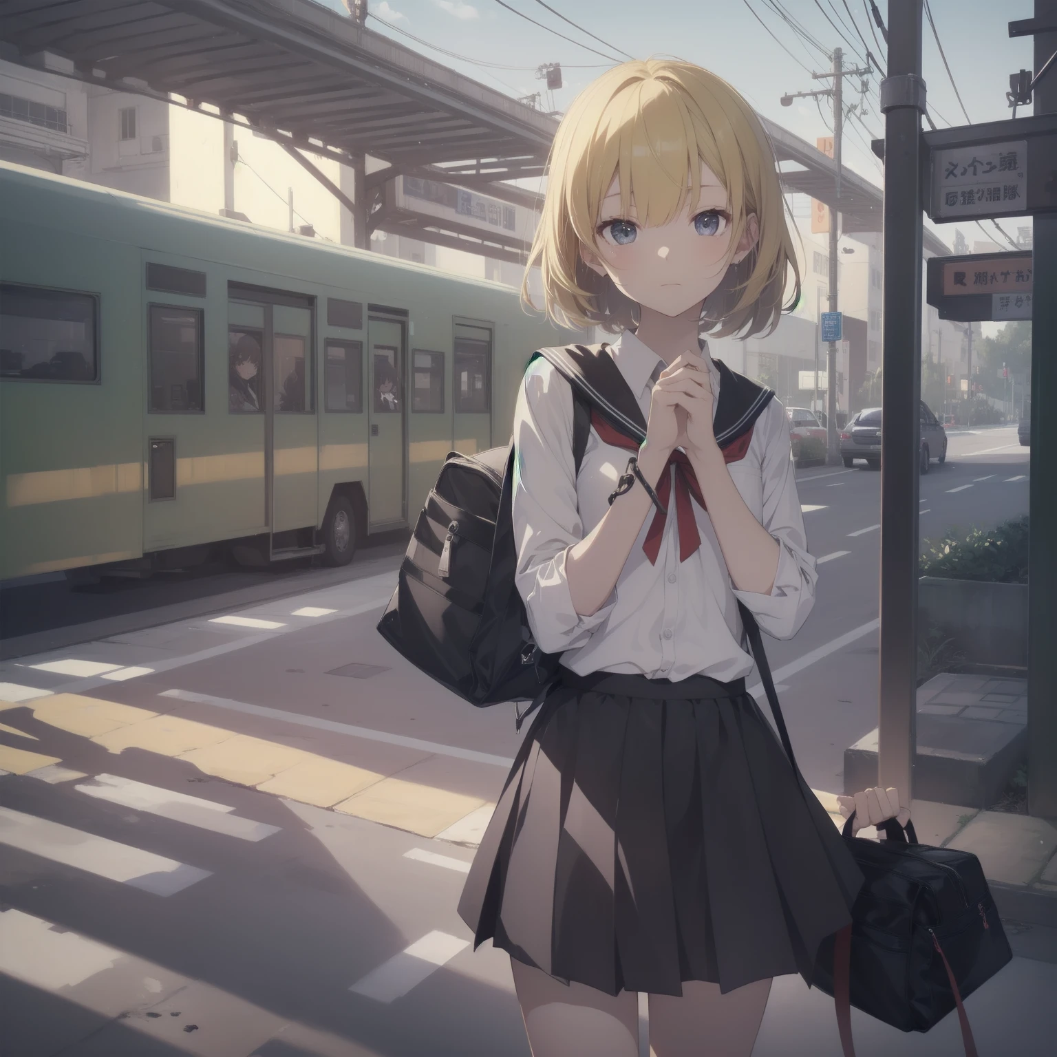 ultra-absurdres-Top quality by artist God, ultra-detailed, high resolution, anime moe artstyle, best anime 8k konachan wallpaper, pixiv contest winner, pool:2810, perfect anatomy,break, 1girl, (Please draw a girl walking sleepily to school alone. )break,(Solo,little female, 13-year-old:1.3),Full limbs, complete fingers,a junior high school student, (very short hair), short cut, flat chest, , small butt, small black eyes, beautiful detailed eyes, well-proportioned iris and pupils, expressive eyes, highres detailed hair, soft expression, salor school_uniform, sailor collar, serahuku, bow, pleated skirt,(Detailed Lighting), (Detailed background), in the School commute route. break,super detailed skin, Best cinematic lighting powered by famous artist, 8k,beauty illustration,photoshop_(medium),very aesthetic,break,((artist:izumi_tsubasu )), artist:clamp ,artist:carnelian ,artist:kantoku ,
