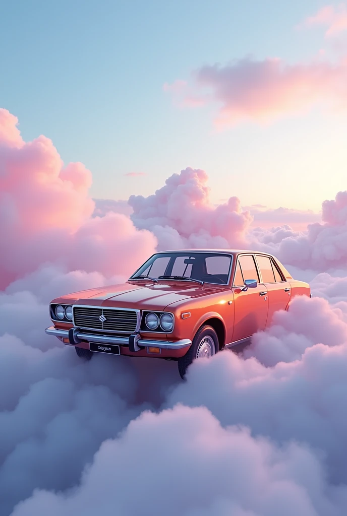 Create an image of a classic Suzuki Esteem sedan, painted in a shiny, metallic orange-red, driving through clouds. The background consists of a dreamy sky with soft pastel colors like light blue, pink, and purple blending together, giving the impression of the car driving in the sky or above clouds.The car itself is detailed with chrome accents, clear headlamps, and its recognizable front grille featuring the Suzuki emblem.